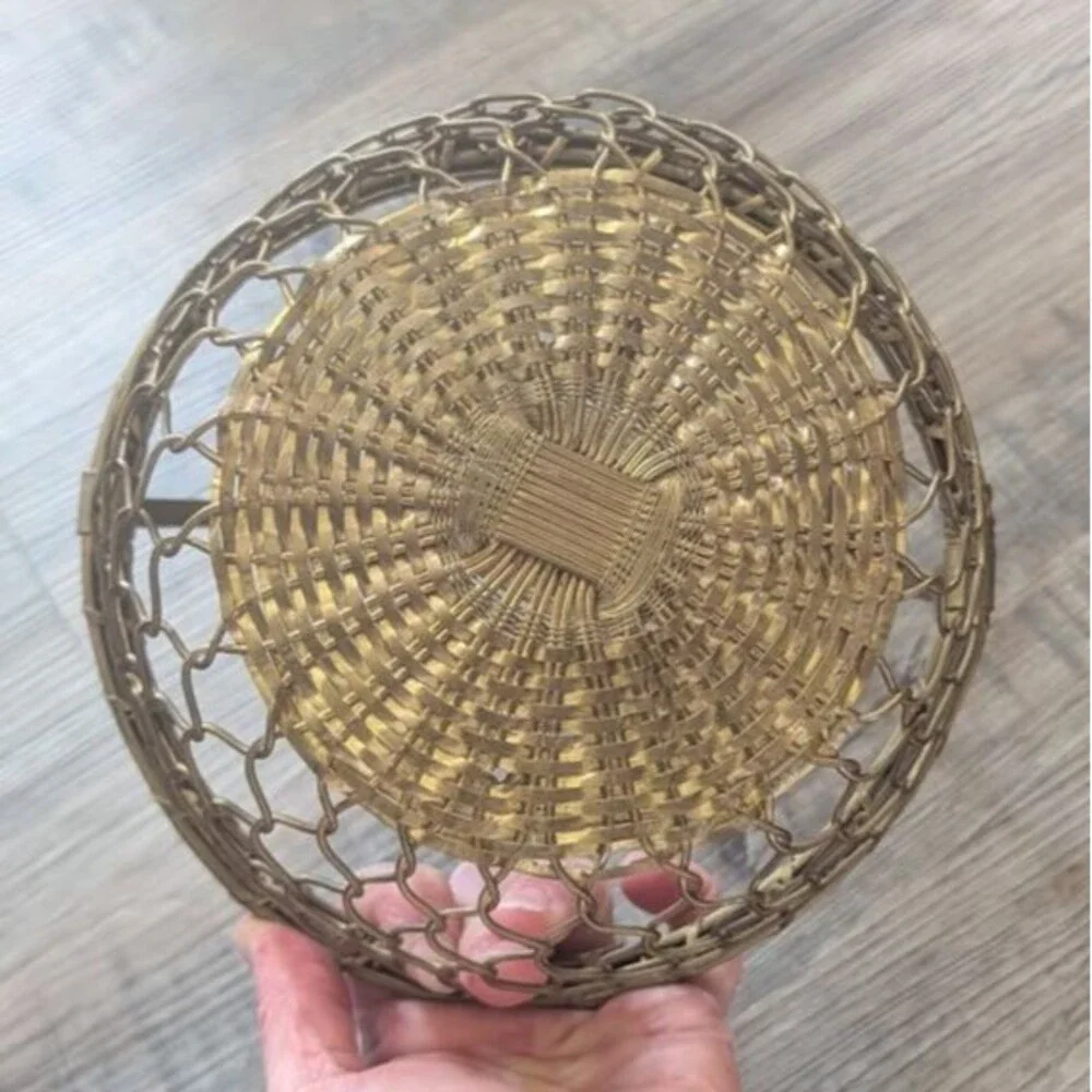 Vintage Round BRASS BASKET Woven Wire Weave Folding Handle Decor